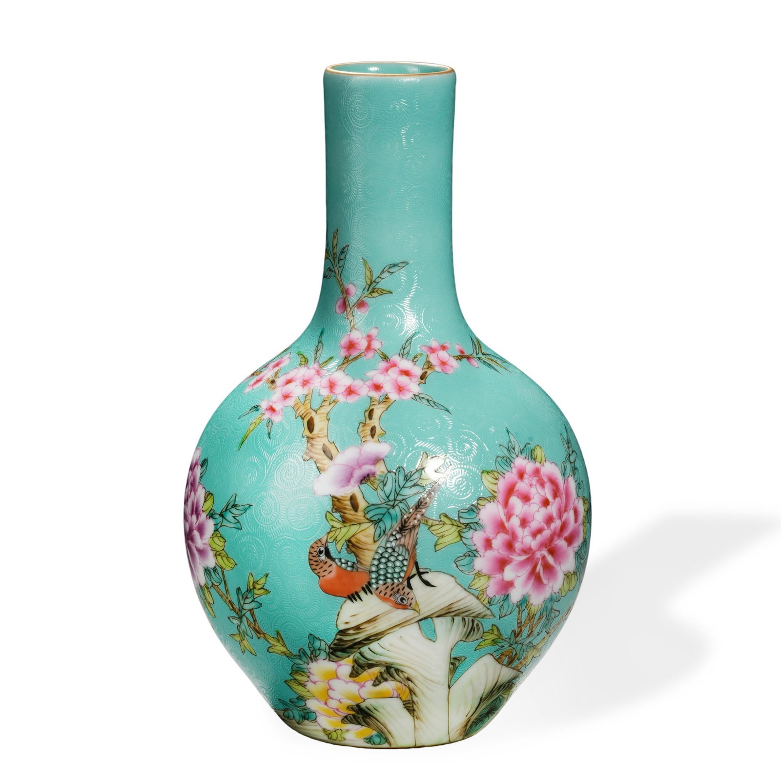 QIANLONG FAMILLE ROSE 'BIRDS AND FLOWERS' TIANQIUPING ON TURQUOISE SGRAFFIATO GROUND: 9 1/4 x 5 3/4 in (23.5 x 14.5 cm) Qianlong Famille Rose 'Birds and Flowers' Tianqiuping on Turquoise Sgraffiato Ground Dimensions: H: 9 1/4 in (23.5 cm); W: 5 3/4 in (14.5 cm) This refined