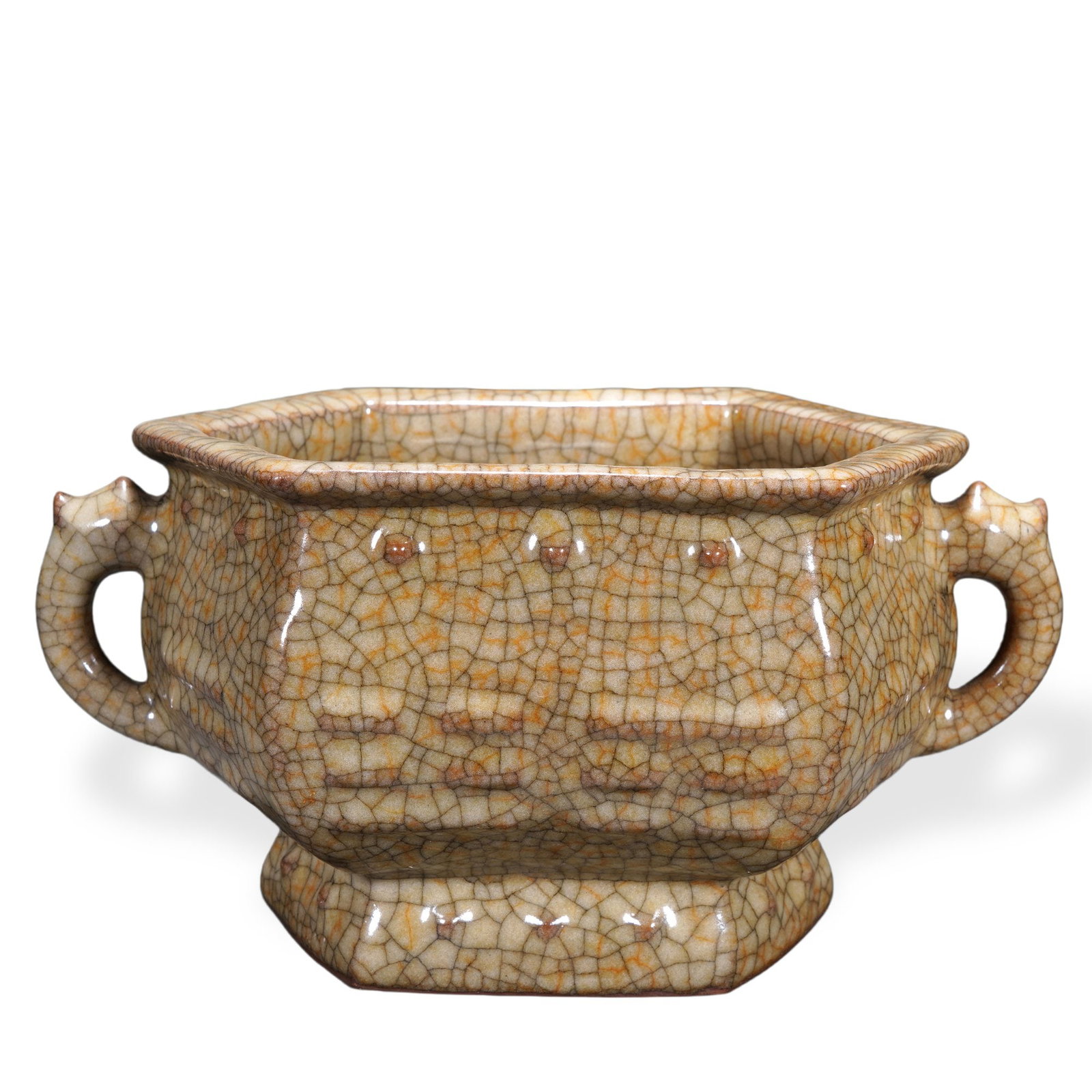 SONG DYNASTY GE WARE CREAM-YELLOW GLAZED HEXAGONAL CENSER WITH BAGUA AND TWIN HANDLES: 5 3/8 x 10 1/4 in (13.5 x 26 cm) Song Dynasty Ge Ware Cream-Yellow Glazed Hexagonal Censer with Bagua and Twin Handles Dimensions: H: 5 3/8 in (13.5 cm); W: 10 1/4 in (26 cm) This impressive hexagonal