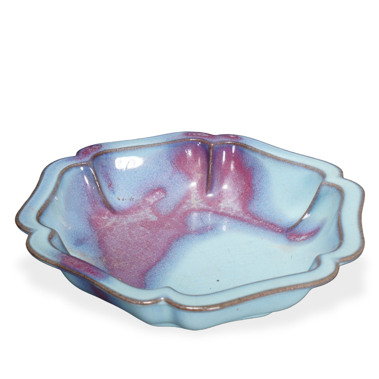 SONG DYNASTY JUN WARE SKY-BLUE GLAZED HEXAGONAL DISH WITH PURPLE SPLASH: 1 5/8 x 7 1/2 in (4 x 19 cm) Song Dynasty Jun Ware Sky-Blue Glazed Hexagonal Dish with Purple Splash Dimensions: H: 1 5/8 in (4 cm); W: 7 1/2 in (19 cm) This refined small dish exemplifies the