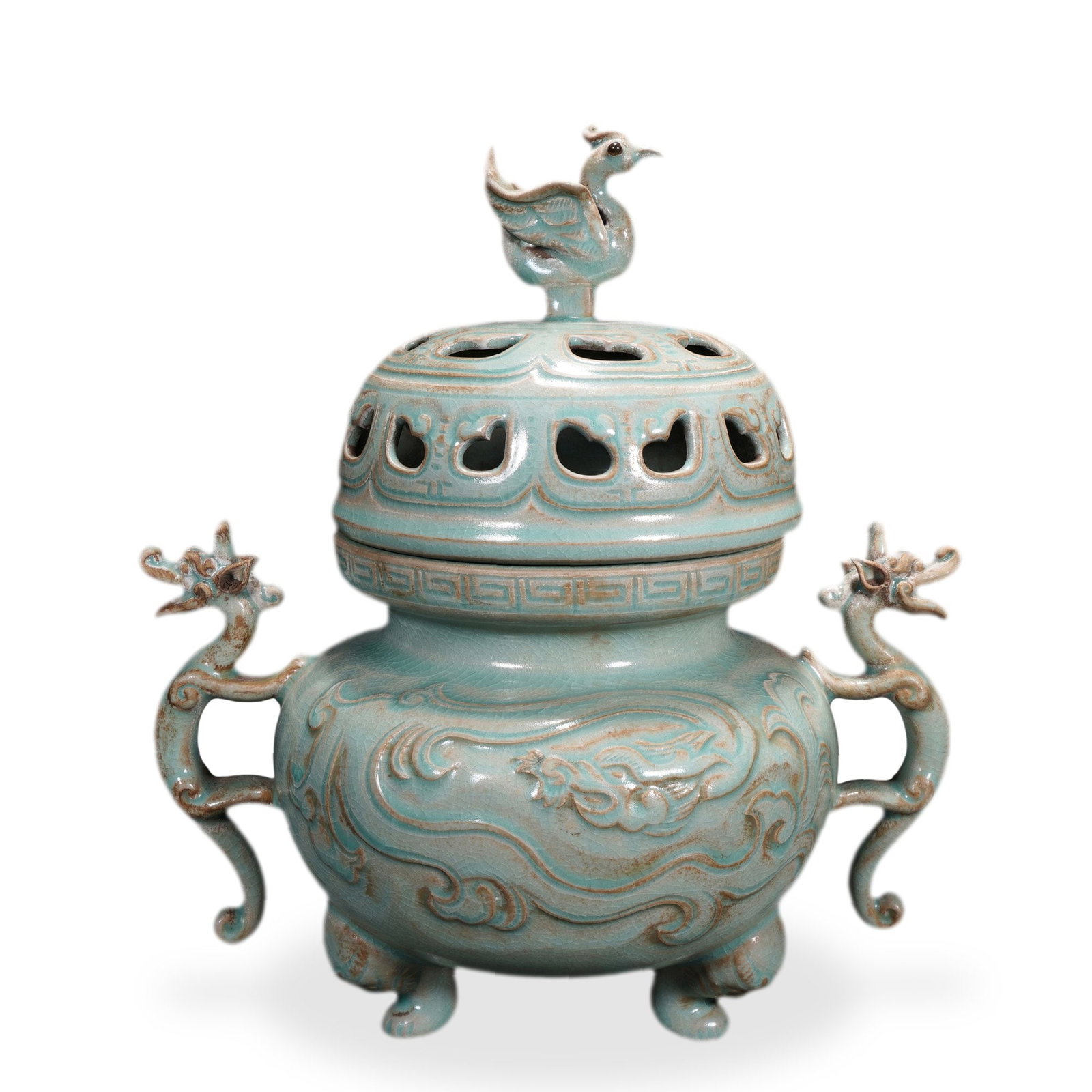 SONG DYNASTY RU WARE SKY-BLUE GLAZED TRIPOD CENSER WITH TWIN HANDLES AND DRAGON DESIGN: 9 7/8 x 9 5/8 in (25 x 24.5 cm) Song Dynasty Ru Ware Sky-Blue Glazed Tripod Censer with Twin Handles and Dragon Design Dimensions: H: 9 7/8 in (25 cm); W: 9 5/8 in (24.5 cm) This rare and imposing