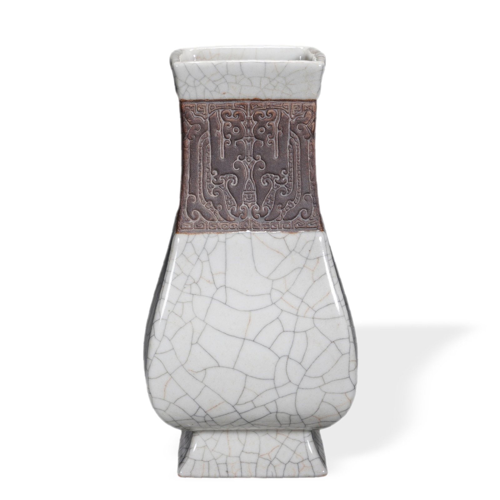 QIANLONG GE-TYPE GLAZED SQUARE VASE: 7 1/2 x 3 1/2 in (19 x 9 cm) Qianlong Ge-Type Glazed Square Vase Dimensions: H: 7 1/2 in (19 cm); W: 3 1/2 in (9 cm) This refined square vase exemplifies one of the most prized categories of