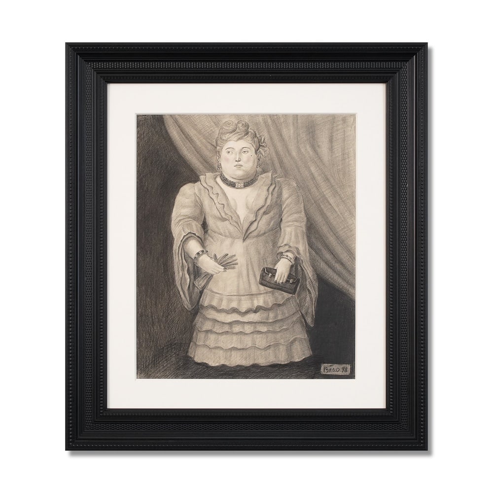 FERNANDO BOTERO (1932-2023), ATTRIBUTED TO, COLORED CRAYON AND CHARCOAL ON PAPER: Signed (lower right) Image Dimensions: 17 x 13 7/8 in (43.2 x 35.2 cm) Framed Dimensions: 25 5/8 x 22 1/2 in (65 x 57 cm) This painting comes with COA. Fernando Botero remains one of the most