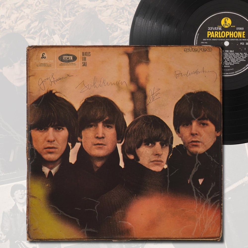 THE BEATLES FULLY SIGNED LP "BEATLES FOR SALE," 1964: 12 1/4 x 12 1/4 in This exceptional Parlophone stereo LP of Beatles for Sale, released in December 1964, features the full set of signatures from all four Beatles: John Lennon, Paul McCartney, George 