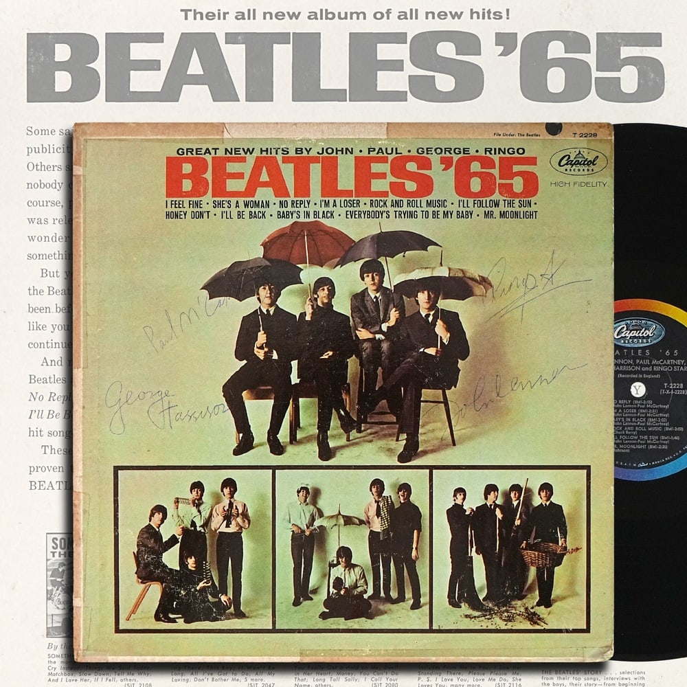 THE BEATLES FULLY SIGNED 1964 US FIRST PRESSING MONO "BEATLES '65" LP: 12 1/4 x 12 1/4 in Provenance and Authentication: According to the accompanying documentation provided by the consignor, the signatures have been examined with reference to multiple factors, including