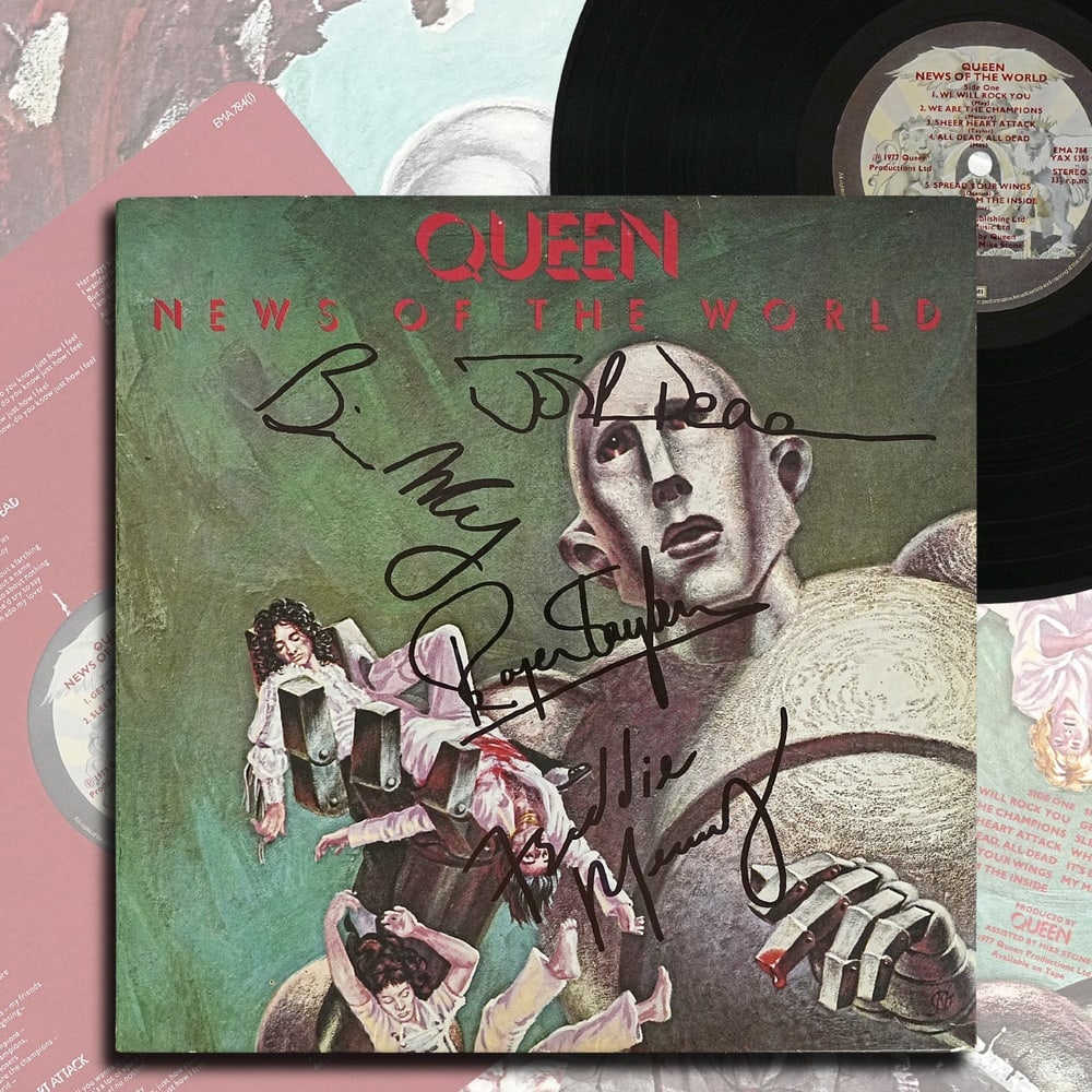 QUEEN FULLY SIGNED 1977 UK "NEWS OF THE WORLD" LP: 12 1/4 x 12 1/4 in Provenance and Authentication: According to the accompanying documentation provided by the consignor, the signatures have been examined with reference to multiple factors, including