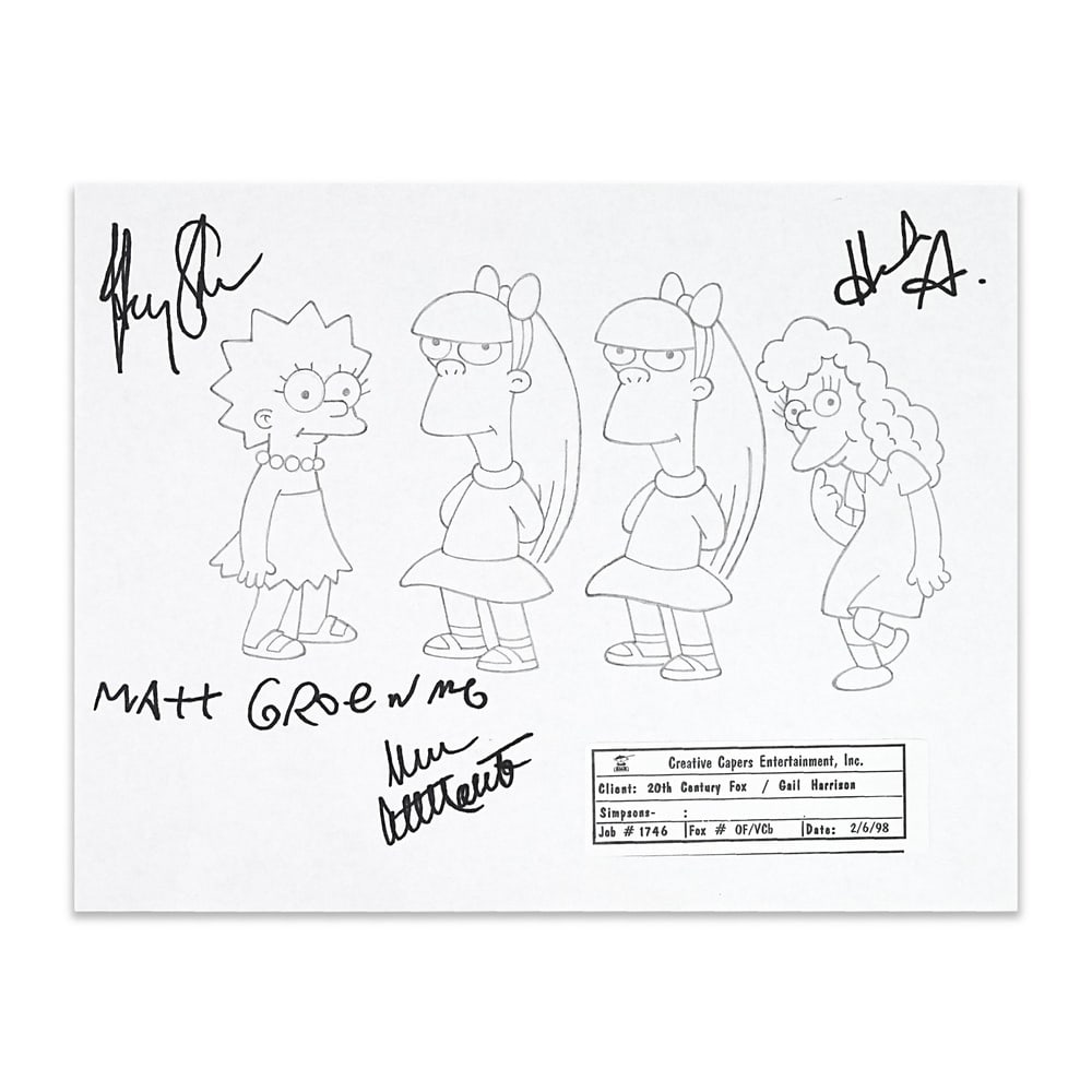 MATT GROENING, DAN CASTELLANETA, HANK AZARIA & HARRY SHEARER SIGNED "THE SIMPSONS" PRODUCTION: 8 1/2 x 11 in (21.5 x 28 cm) Provenance and Authentication: According to the accompanying documentation provided by the consignor, the signatures have been examined with reference to multiple