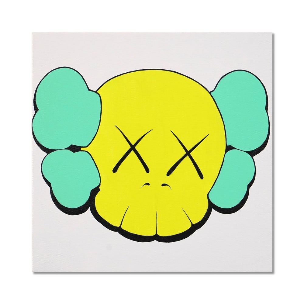 KAWS (B.1974), ATTRIBUTED TO, ACRYLIC ON CANVAS: Signed (verso) Image Dimensions: 16 1/8 x 16 1/8 in (41 x 41 cm) This painting comes with coa. This vibrant work titled "untitled" perfectly exemplifies kaws's artistic language in the late 1990s, a p