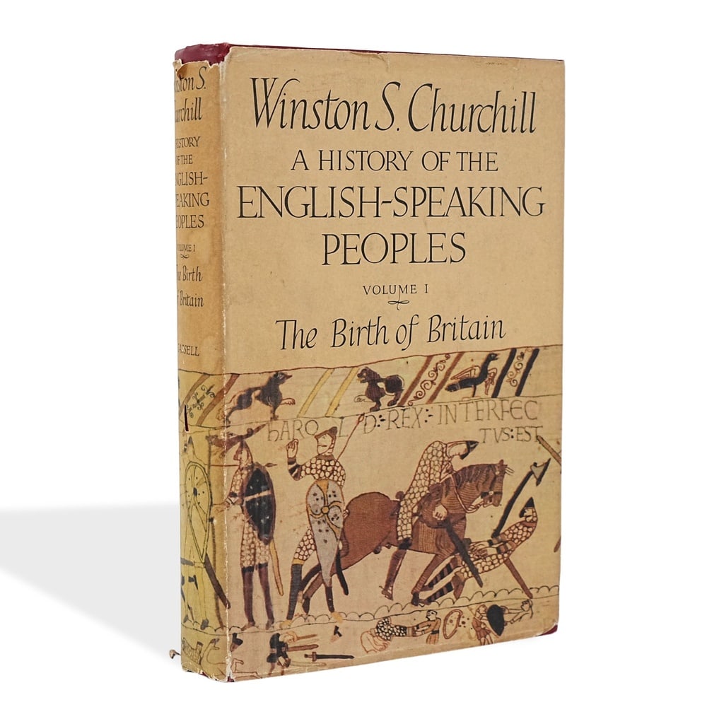 WINSTON S. CHURCHILL SIGNED "A HISTORY OF THE ENGLISH-SPEAKING PEOPLES: VOLUME I - THE BIRTH OF: 9 3/4 x 6 1/2 in (24.7 x 16.5 cm) Provenance and Authentication: According to the accompanying documentation provided by the consignor, the signatures have been examined with reference to multiple fac