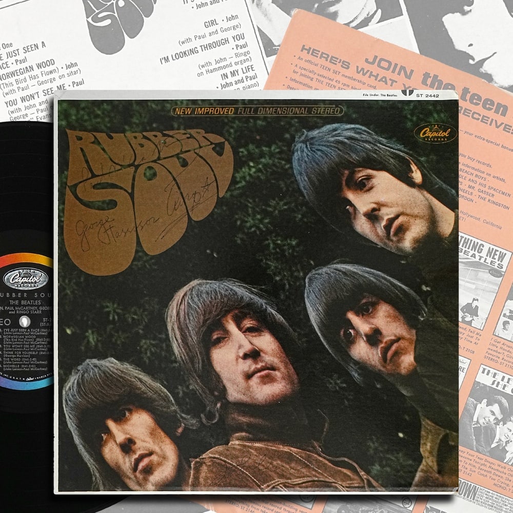 THE BEATLES FULLY SIGNED 1965 US FIRST PRESSING "RUBBER SOUL" LP: 12 1/4 x 12 1/4 in Provenance and Authentication: According to the accompanying documentation provided by the consignor, the signatures have been examined with reference to multiple factors, including