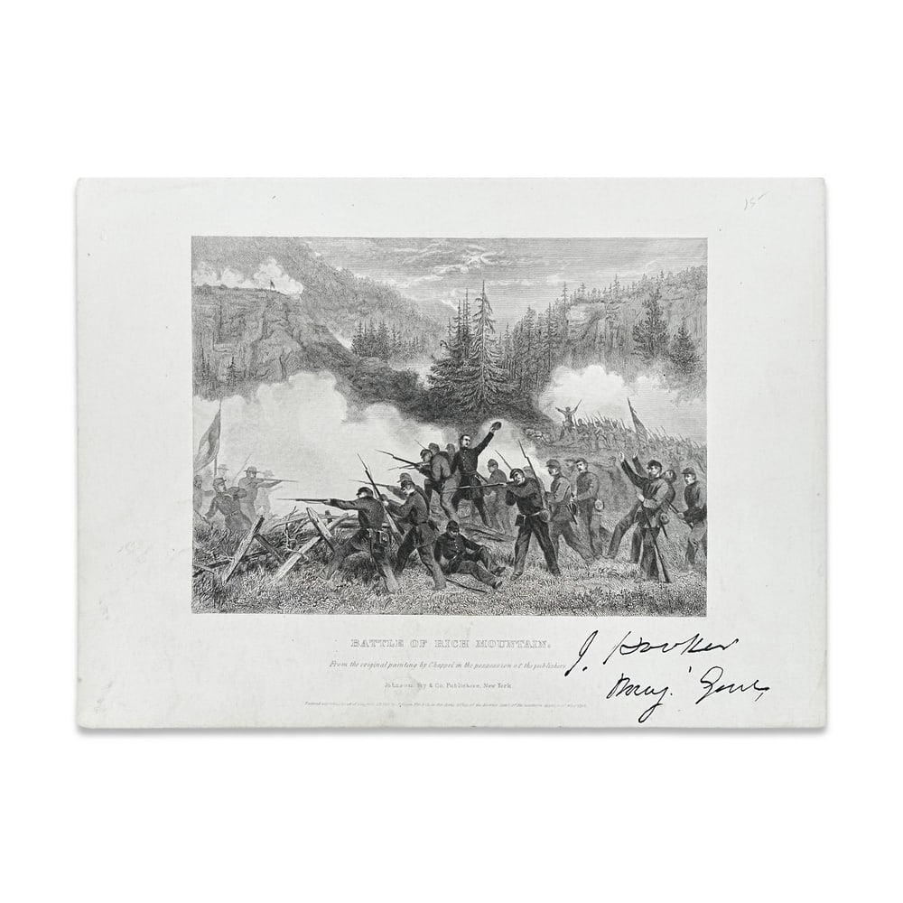 JOSEPH HOOKER SIGNED "BATTLE OF LOOKOUT MOUNTAIN" ENGRAVING: 7 7/8 x 10 7/8 in (20 x 27.5 cm) This historical engraved print depicting the Battle of Lookout Mountain bears the autograph of General Joseph Hooker (1814-1879), one of the Union Army's most
