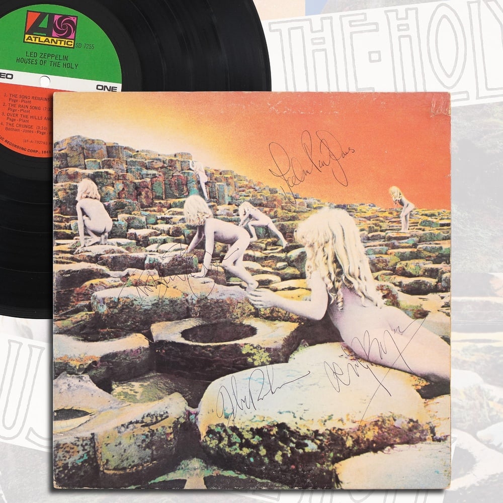 LED ZEPPELIN FULLY SIGNED "HOUSES OF THE HOLY" LP: 12 1/4 x 12 1/4 in Provenance and Authentication: According to the Letter of Authenticity (LOA) and Certificate of Authenticity (COA) provided by the consignor, this collectible was subjected to a