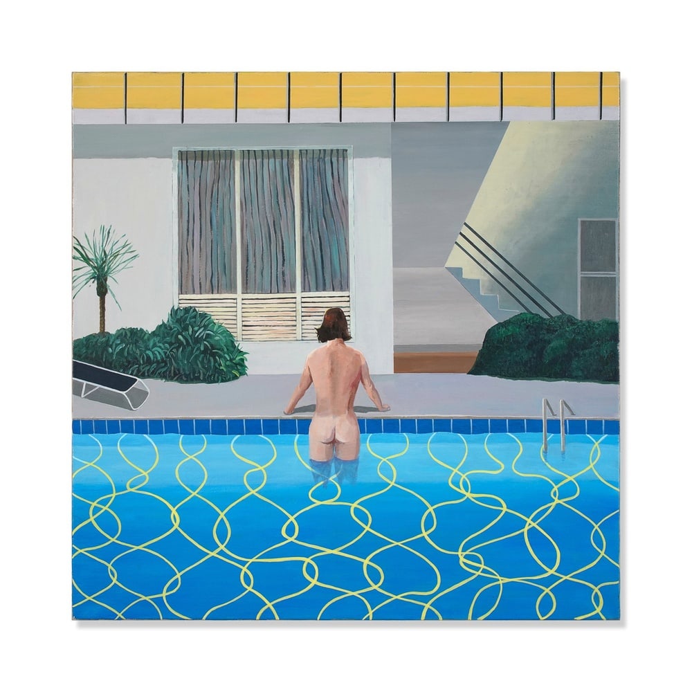 DAVID HOCKNEY (1937-2026), ATTRIBUTED TO, ACRYLIC ON CANVAS: Signed (verso) Image Dimensions: 39 3/8 x 39 3/8 in (100 x 100 cm) This painting comes with COA. Executed in 1966, Pool Nude belongs to the formative years of David Hockney's celebrated California Poo