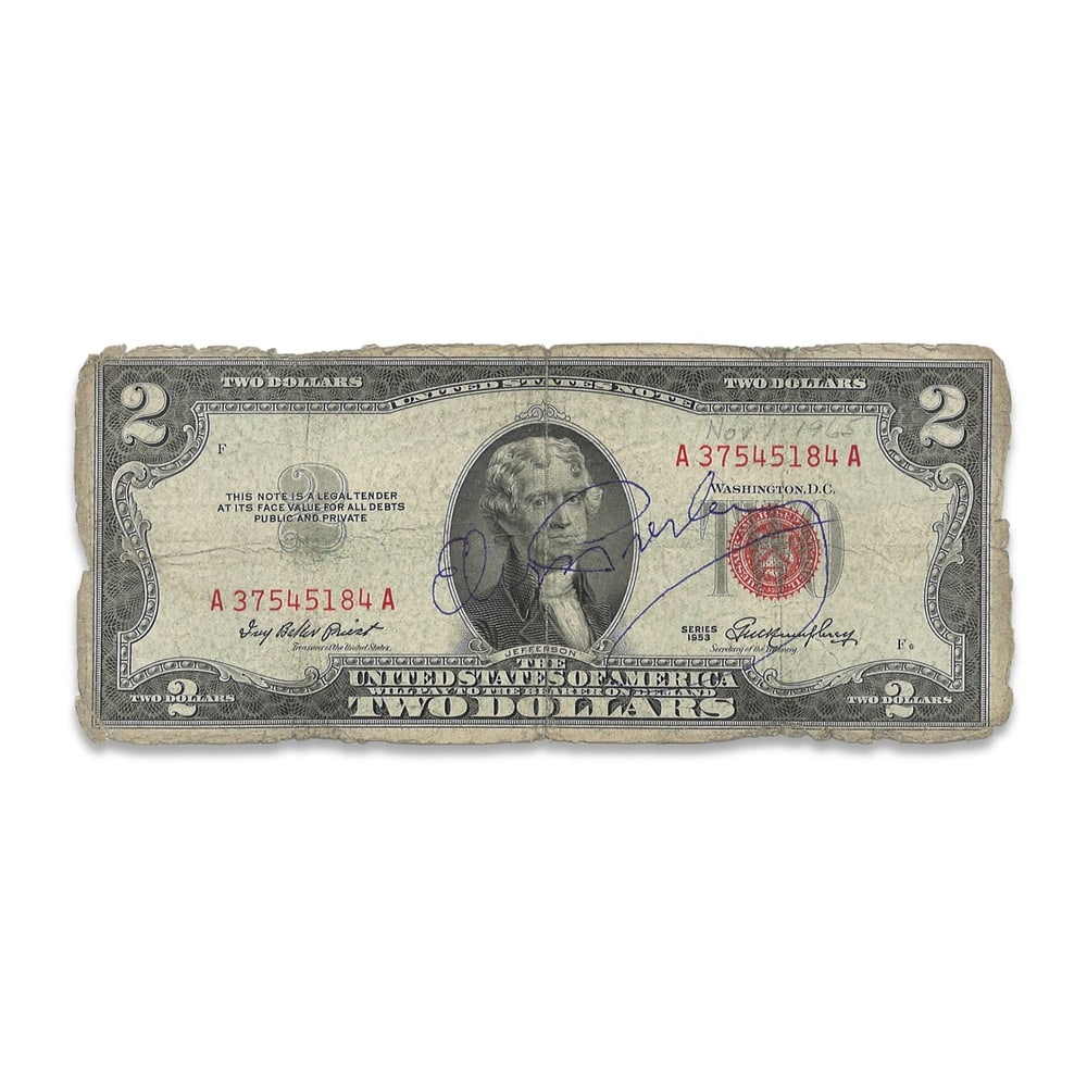 ELVIS PRESLEY SIGNED U.S. TWO DOLLAR NOTE: 6 1/8 x 2 1/2 in (15.5 x 6.5 cm) Provenance and Authentication: According to the Letter of Authenticity (LOA) and Certificate of Authenticity (COA) provided by the consignor, this collectible was subj