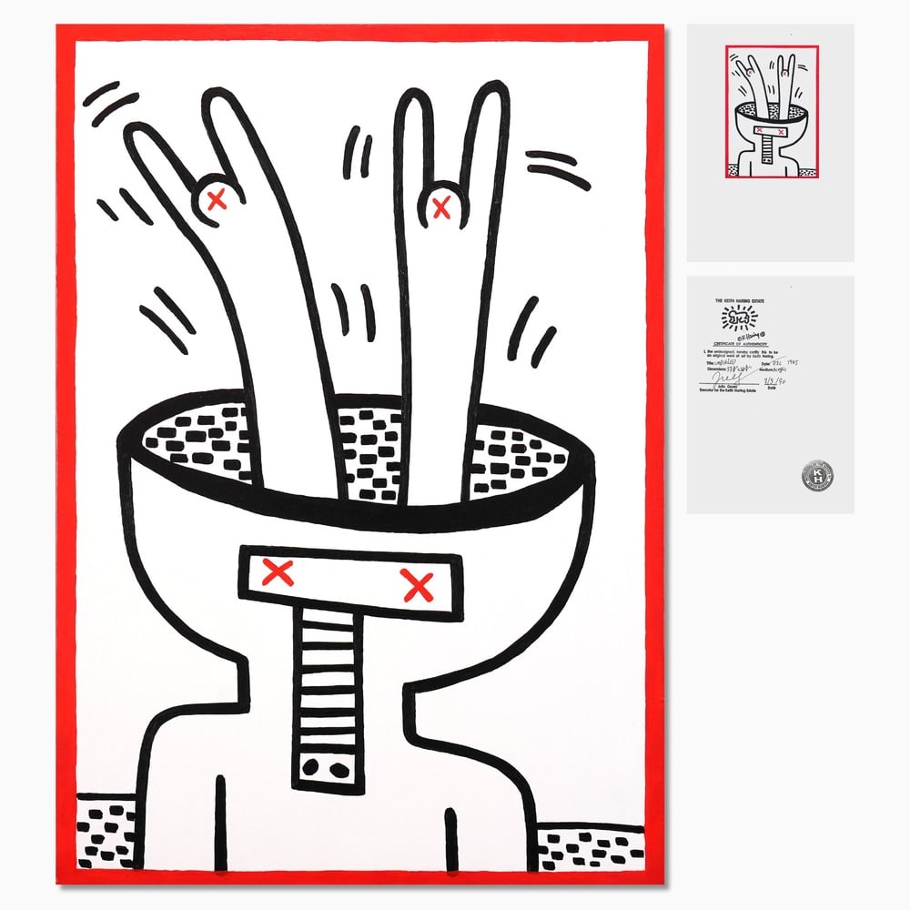 KEITH HARING (1958 - 1990), ATTRIBUTED TO, ACRYLIC ON CANVAS: Image Dimensions: 37 3/8 x 26 3/8 in (95 x 67 cm) Signed (verso) This painting comes with COA. Born in Pennsylvania in 1958, Keith Haring emerged as a groundbreaking figure in the 1980s New York art