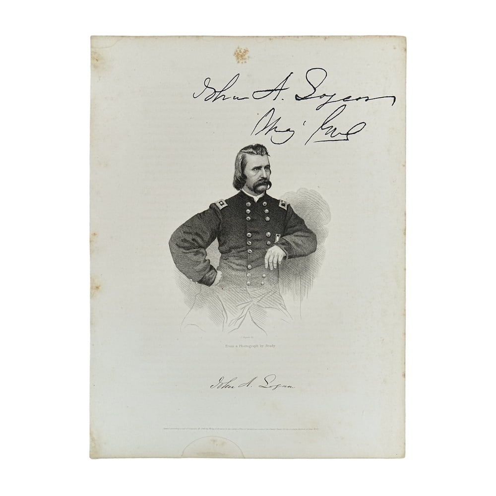 JOHN A. LOGAN SIGNED PORTRAIT ENGRAVING: 10 7/8 x 8 1/4 in (27.8 x 21 cm) This historical engraved portrait bears the autograph of General John A. Logan (1826-1886), one of the Union Army's most distinguished Civil War commanders, United