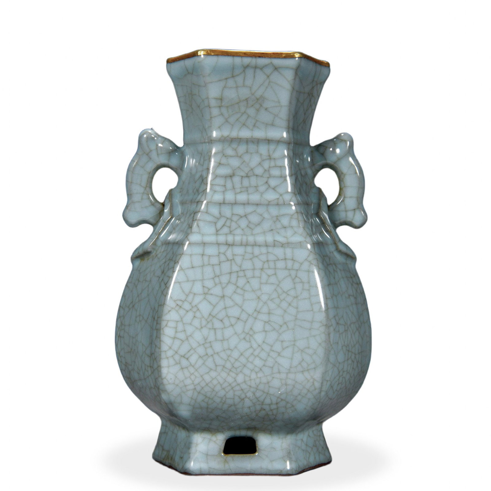 SONG DYNASTY GUAN WARE FACETED TWIN-HANDLED VASE, INSCRIBED BY THE QIANLONG EMPEROR (1 of 3)