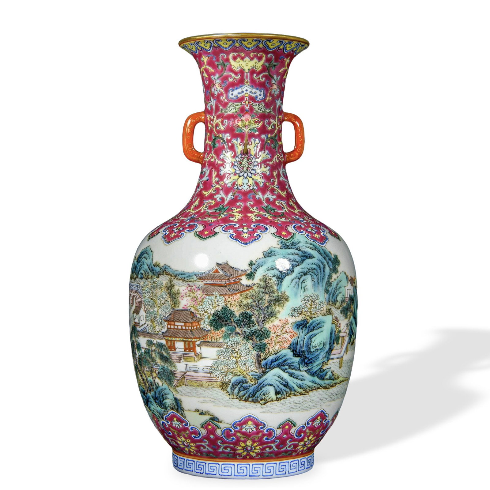 QIANLONG FAMILLE ROSE 'LANDSCAPE AND PAVILIONS' TWIN-HANDLED VASE ON RUBY GROUND (1 of 3)