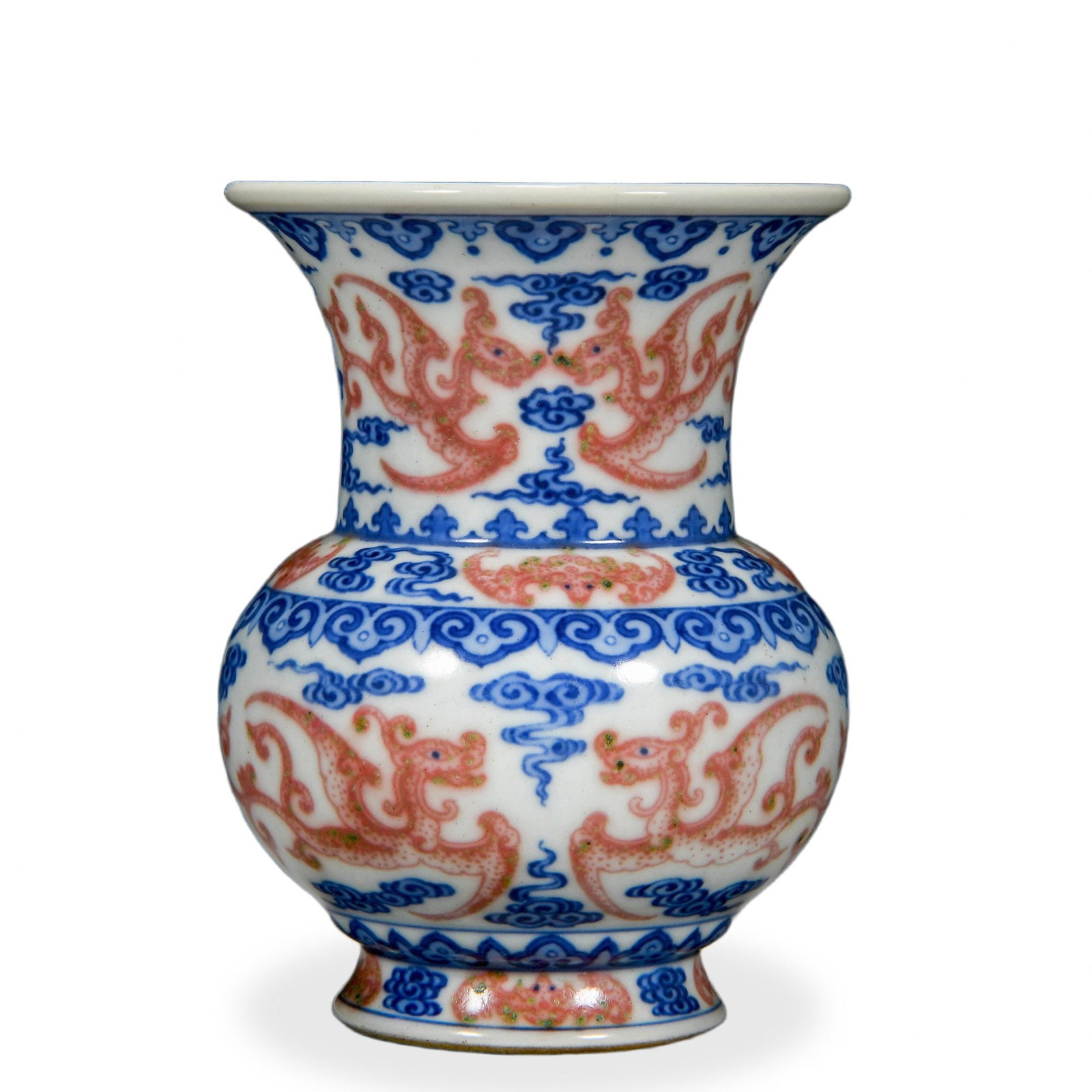 QIANLONG UNDERGLAZE BLUE AND COPPER-RED 'ARCHAISTIC PHOENIX' ZHADOU: Qianlong Underglaze Blue and Copper-Red 'Archaistic Phoenix' Zhadou Dimensions: H: 4 3/4 in (12 cm); W: 3 1/2 in (9 cm) This finely potted zhadou exemplifies the small, formally exacting vessels produ