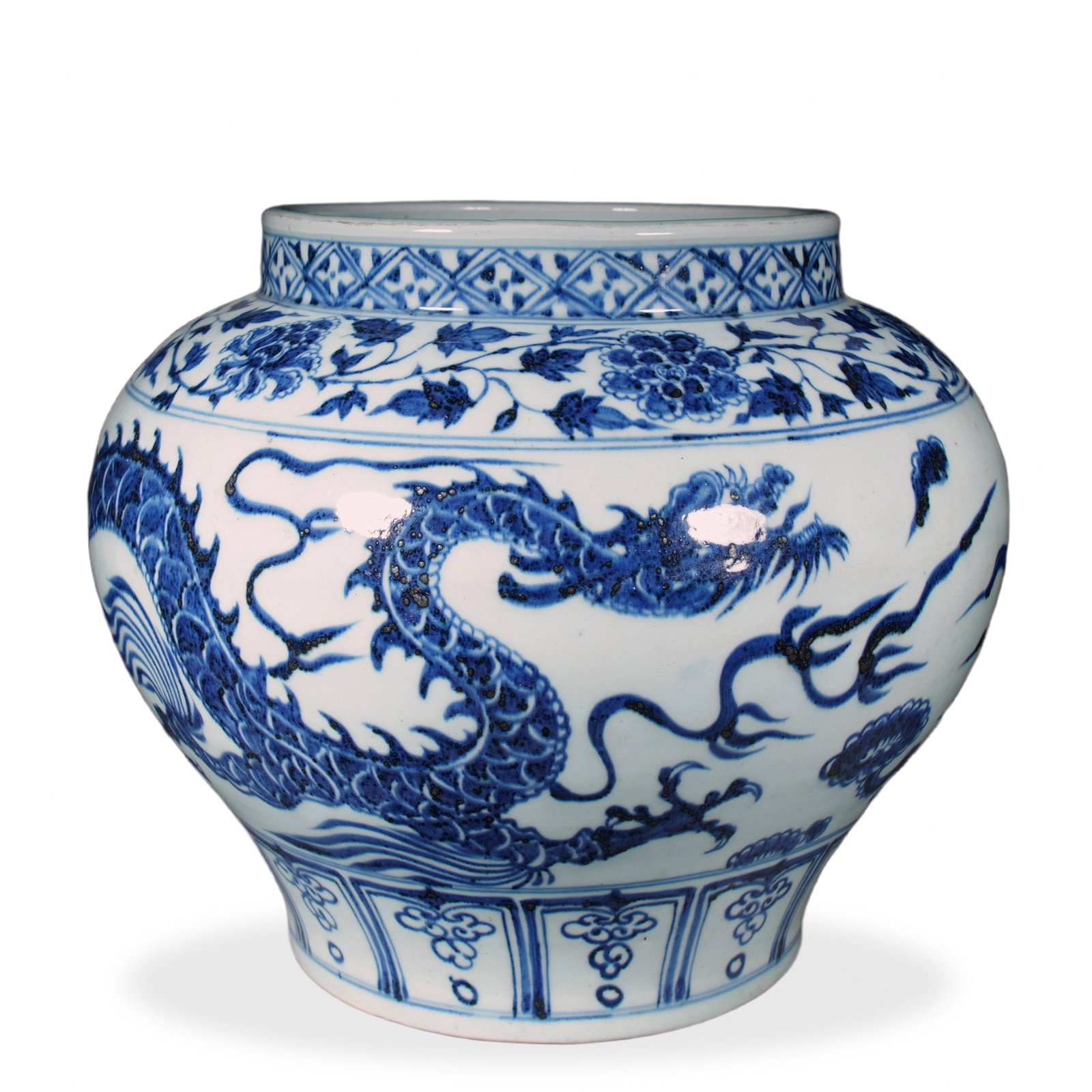YUAN DYNASTY BLUE AND WHITE 'DRAGON AMONG PEONY SCROLLS' JAR (1 of 3)
