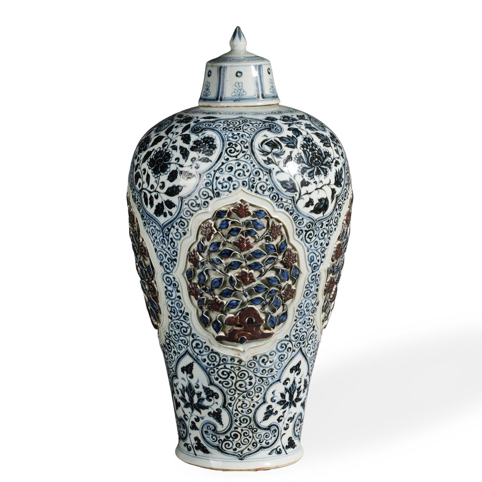YUAN BLUE AND WHITE AND COPPER-RED CARVED MEIPING WITH COVER: 19 1/4 x 9 in (49 x 23 cm) Yuan Blue and White and Copper-Red Carved Meiping with Cover Dimensions: H: 19 1/4 in (49 cm); W: 9 in (23 cm) This commanding meiping with cover exemplifies one of the
