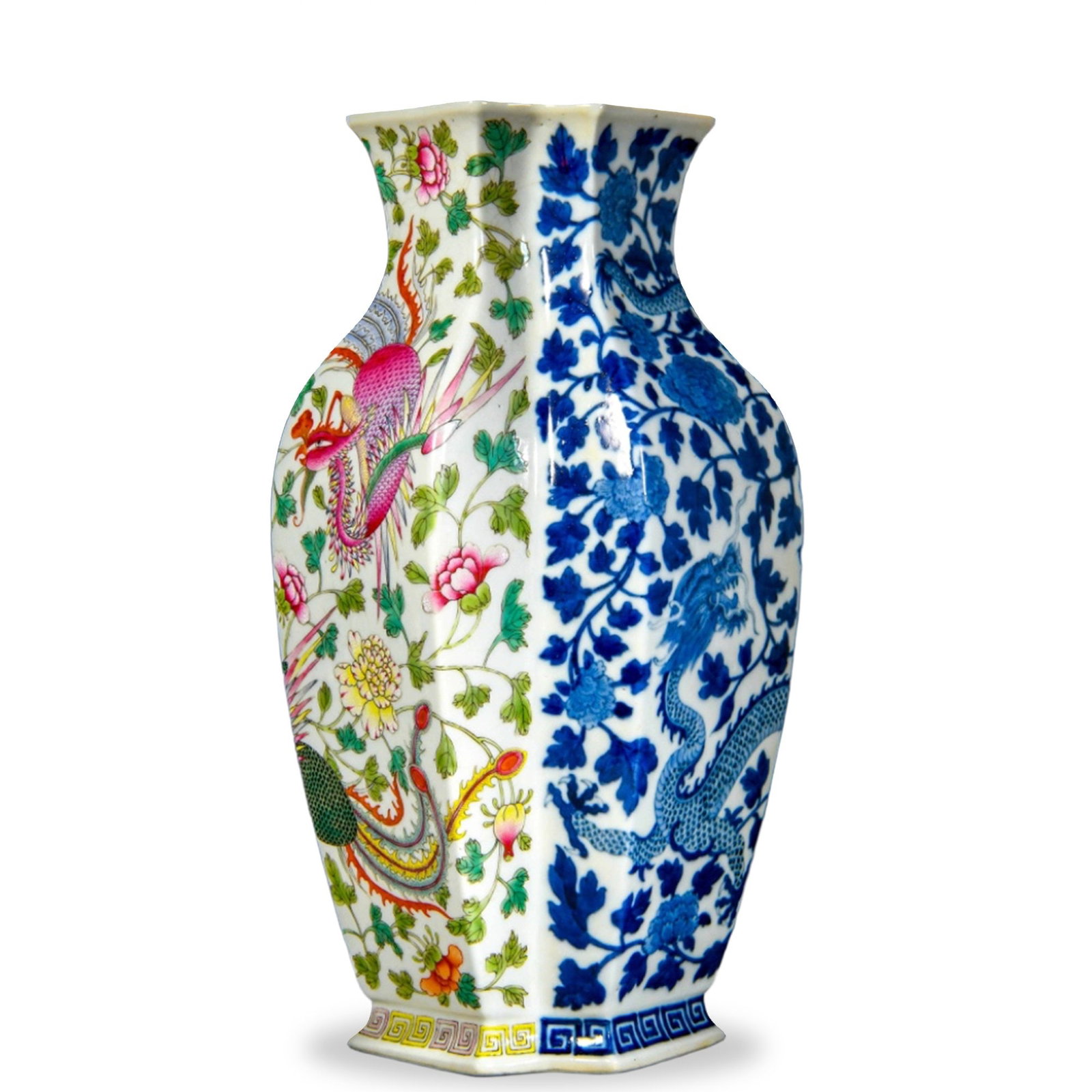 DAOGUANG CONJOINED TWIN VASE WITH UNDERGLAZE BLUE DRAGON AND FAMILLE ROSE PHOENIX AND PEONY: Daoguang Conjoined Twin Vase with Underglaze Blue Dragon and Famille Rose Phoenix and Peony Dimensions: H: 11 1/2 in (29 cm); W: 6 1/4 in (16 cm) This unusual double vessel (shuanglian ping) consists