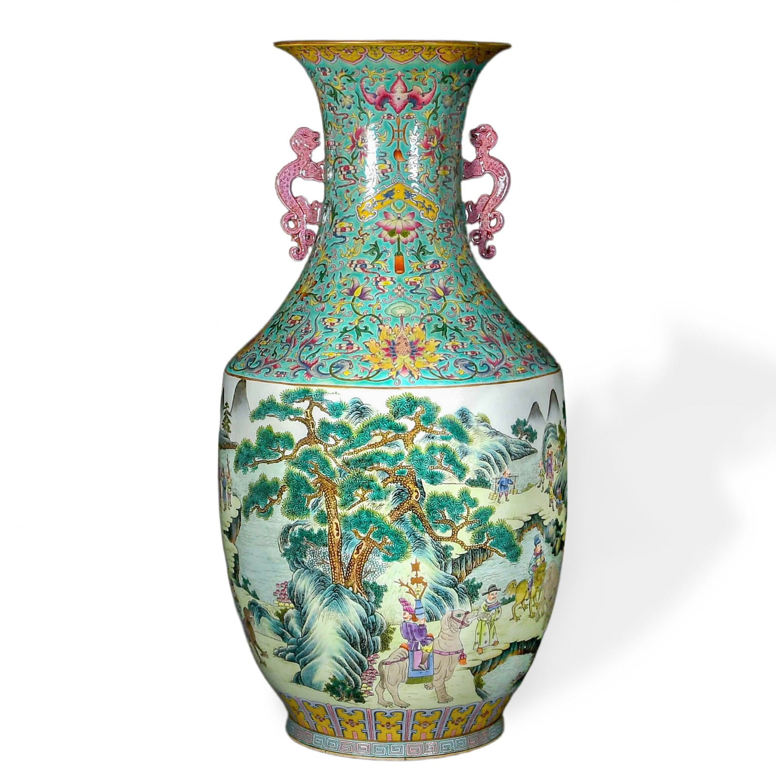 QIANLONG FAMILLE ROSE TWIN-HANDLED VASE WITH CONTINUOUS LANDSCAPE ON A TURQUOISE GROUND: Qianlong Famille Rose Twin-Handled Vase with Continuous Landscape on a Turquoise Ground Dimensions: H: 30 in (76 cm); W: 14 1/4 in (36 cm) This monumental twin-handled vase is a tour-de-force of Qianl
