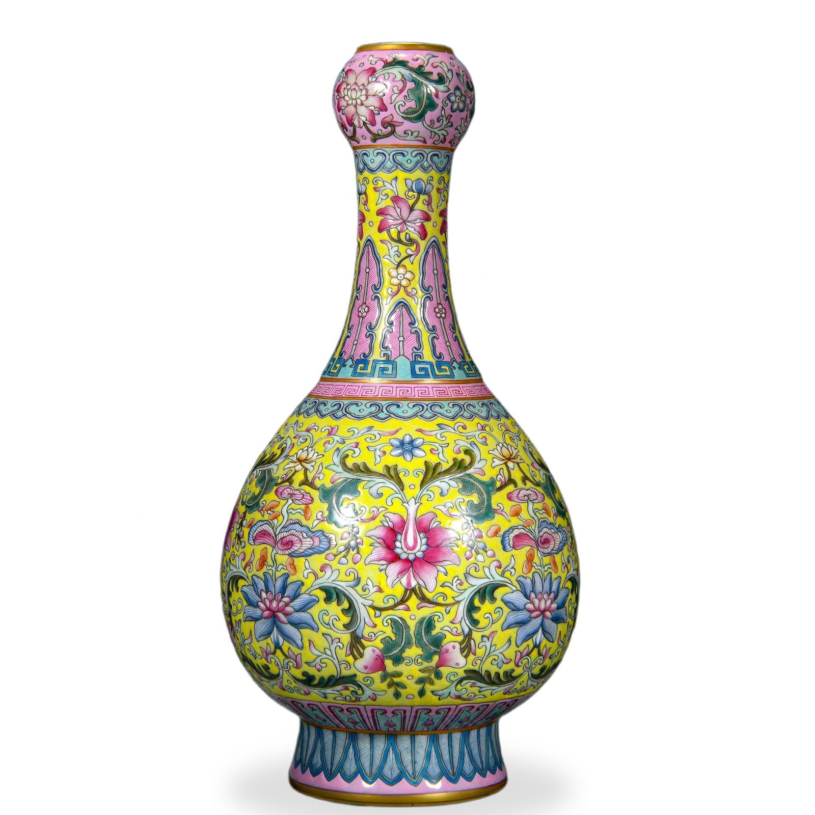 QIANLONG FAMILLE ROSE 'LOTUS SCROLL' GARLIC-HEAD VASE ON YELLOW GROUND: Qianlong Famille Rose 'Lotus Scroll' Garlic-Head Vase on Yellow Ground Dimensions: H: 11 1/2 in (29 cm); W: 5 1/2 in (14 cm) This refined vase exemplifies the suantou ping or 'garlic-head' form, a