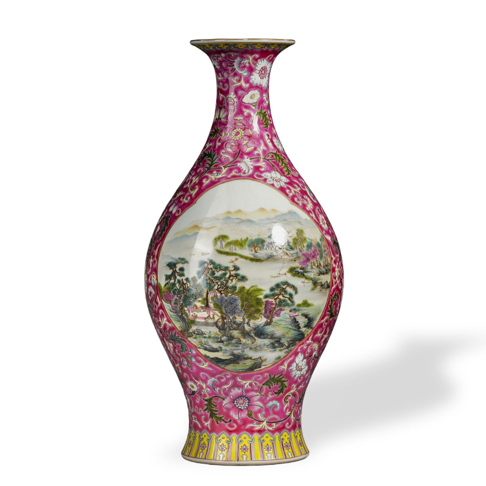 YONGZHENG FAMILLE ROSE 'LANDSCAPE AND FIGURES' CARTOUCHE OLIVE-SHAPED VASE (1 of 6)