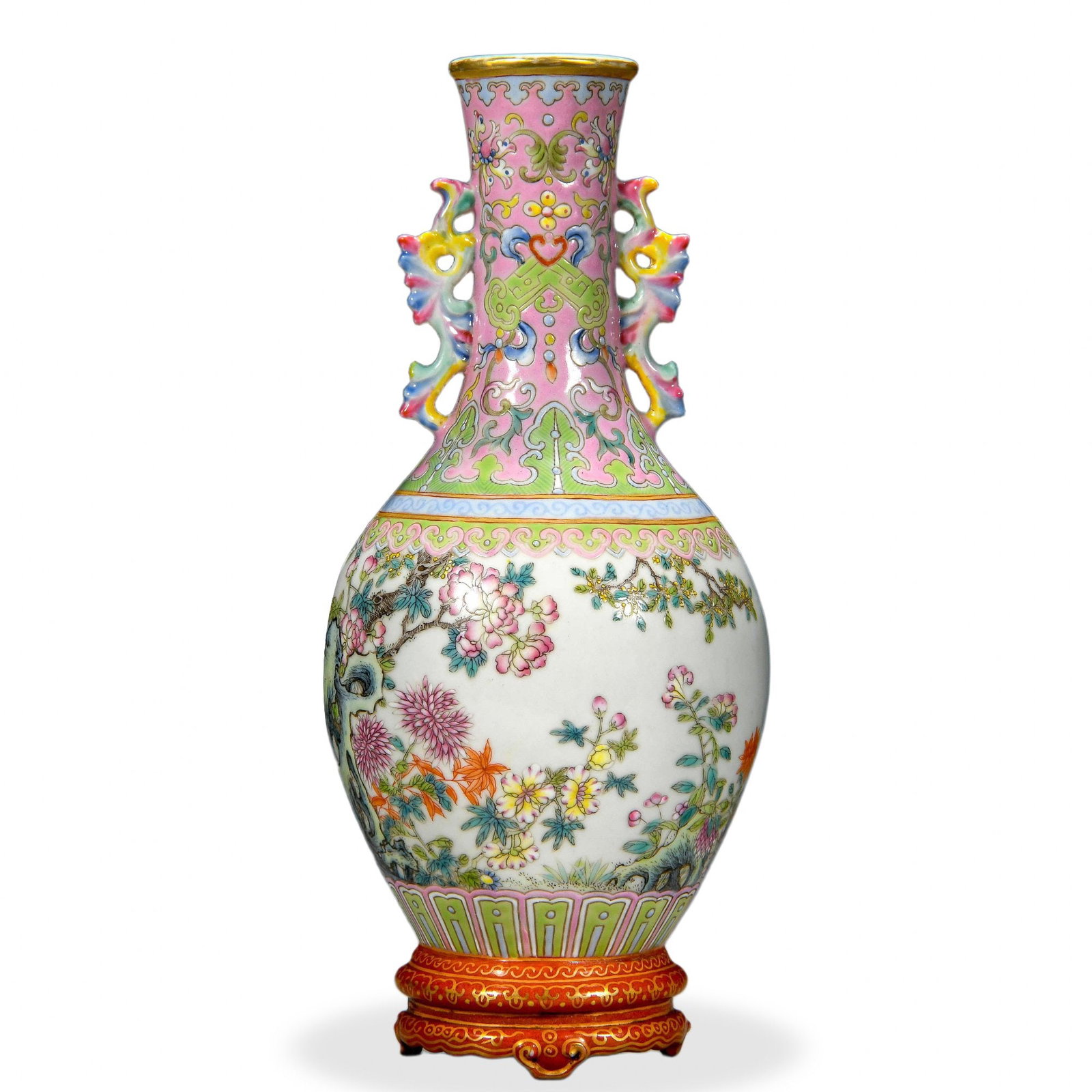 QIANLONG FAMILLE ROSE WALL VASE WITH BUTTERFLY HANDLES AND 'FOUR SEASONS FLOWERS': Qianlong Famille Rose Wall Vase with Butterfly Handles and 'Four Seasons Flowers' Dimensions: H: 7 3/4 in (20 cm); W: 3 1/2 in (9 cm) This refined wall vase (biping or guaping) is constructed with a f