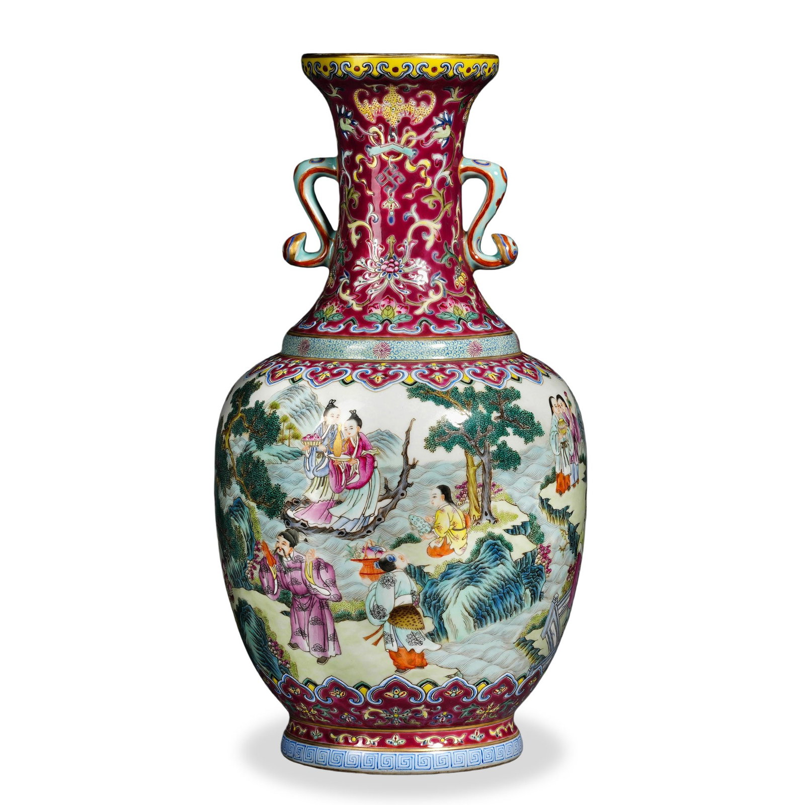JIAQING FAMILLE ROSE 'JIQING YOUYU' FIGURAL VASE WITH CHILONG HANDLES (1 of 5)
