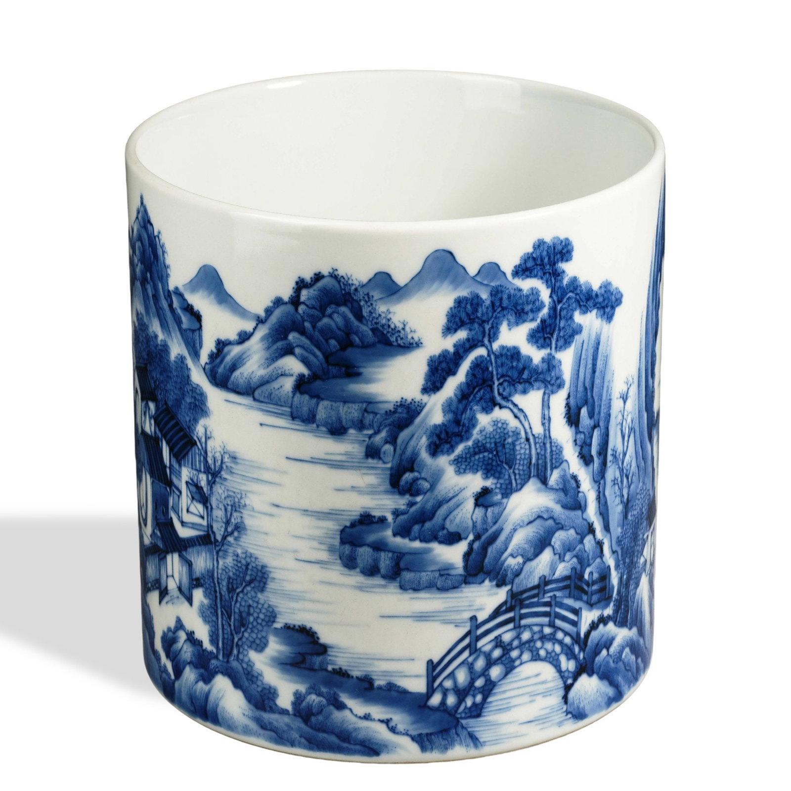 YONGZHENG BLUE AND WHITE 'LANDSCAPE AND FIGURES' LARGE BRUSH POT (1 of 5)