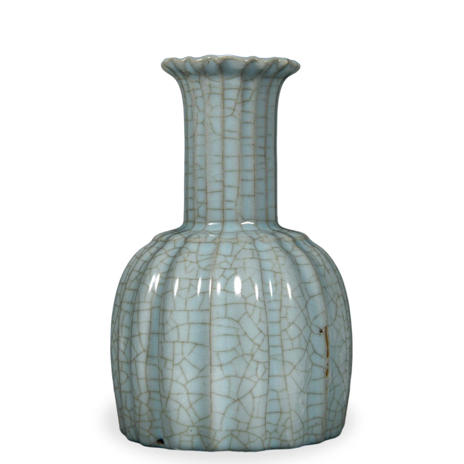 SONG DYNASTY GUAN WARE MELON-RIBBED VASE WITH PETAL-FORM MOUTH, INSCRIBED BY THE QIANLONG EMPEROR: Song Dynasty Guan Ware Melon-Ribbed Vase with Petal-Form Mouth, Inscribed by the Qianlong Emperor Dimensions: H: 7 3/4 in (20 cm); W: 5 in (13 cm) This refined small vase exemplifies the meditative