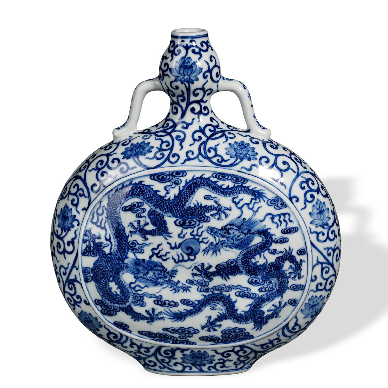 QIANLONG BLUE AND WHITE TWIN-DRAGON CLOUD-CARTOUCHE ZUN VASE (1 of 5)