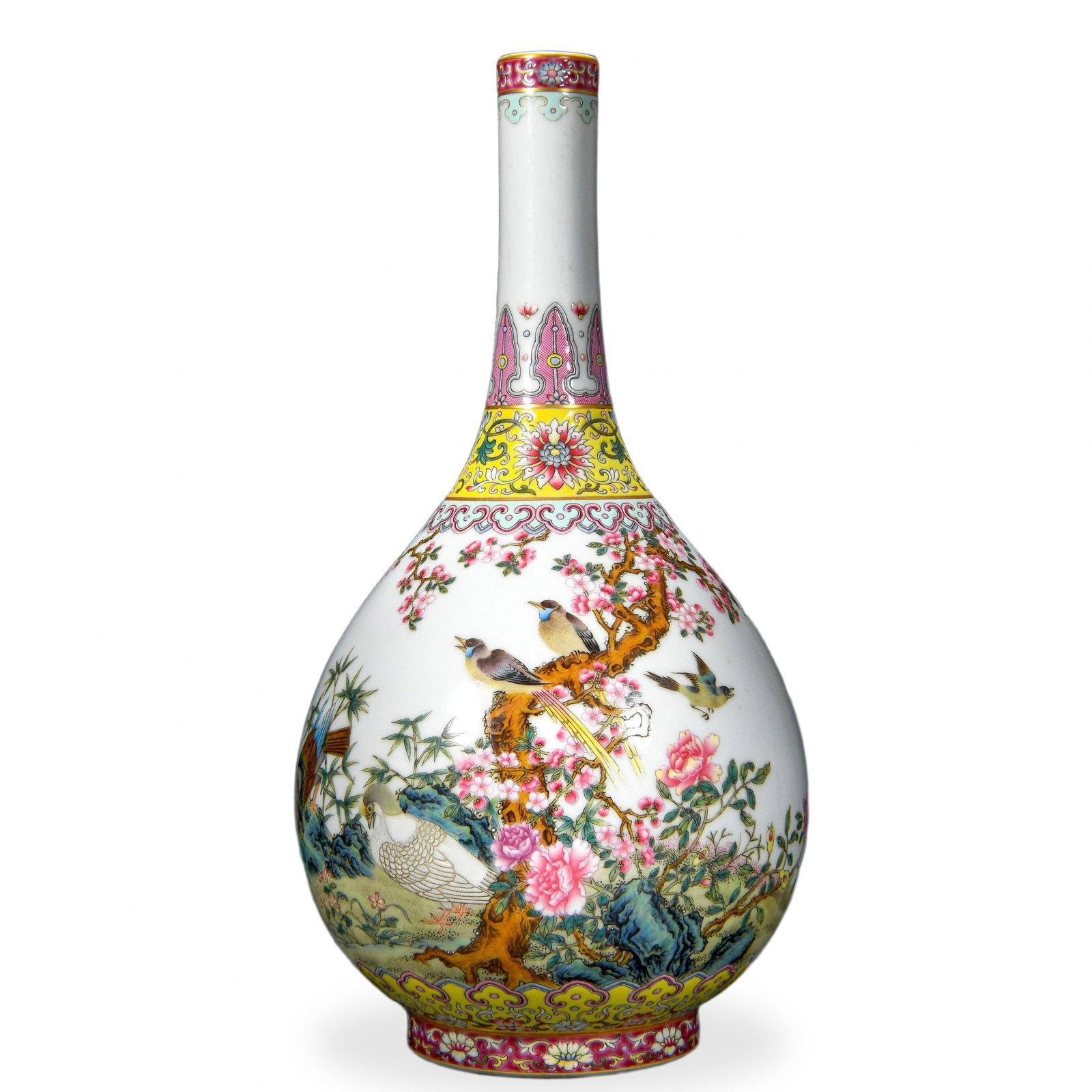 YONGZHENG FAMILLE ROSE 'MAGPIES AND PHEASANT ON FLOWERING BRANCHES' GALLBLADDER VASE: Yongzheng Famille Rose 'Magpies and Pheasant on Flowering Branches' Gallbladder Vase Dimensions: H: 13 in (33 cm); W: 6 3/4 in (17 cm) This refined gallbladder vase (danping) exemplifies one of the