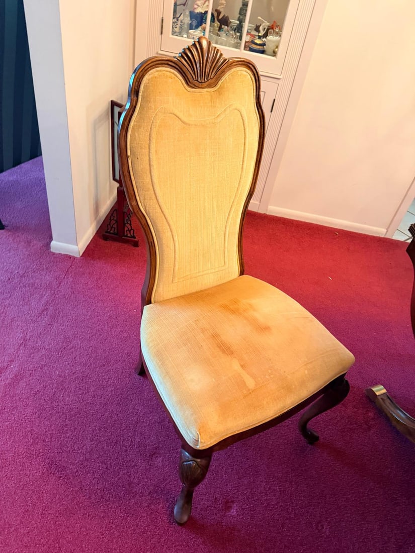Set of 4 Vintage Chippendale Revival Side Chairs: Set of 4 (matching picture) Chippendale Revival side chairs with carved shell crests, upholstered seats, and claw-style feet.A handsome set of four vintage Chippendale Revival side chairs featuring el