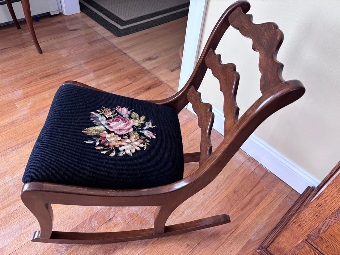 Vintage Wooden Rocking Chair Floral Needlepoint Seat (1 of 2)