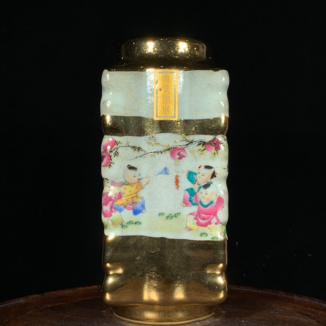 Song Dynasty Guan Kiln Enamelled Gilt Floral, Bird and Infant Playing Pattern Cong-Shaped Vase: A Song Dynasty official kiln enameled and gilded cong-shaped vase with floral, bird, and child play designs, 23 cm high and 10 cm in diameter. Thank you for viewing our auction and we look forward to 