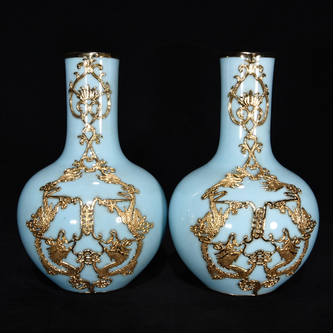Qing Dynasty, Qianlong Period, Gilt Bronze Celadon Globe Vase: A Qing Dynasty Qianlong period gilt bronze celadon celestial globe vase, 22 x 14 cm. Thank you for viewing our auction and we look forward to serving you as a valued customer! Provenance:The Property 