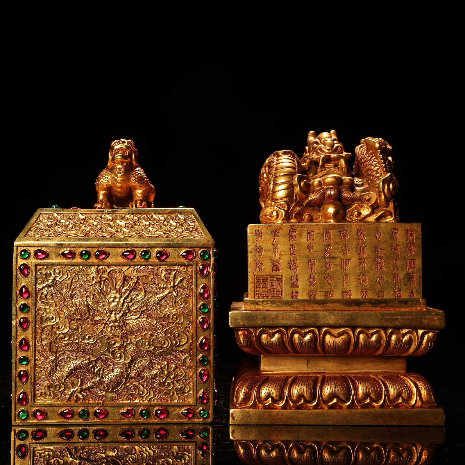 A set of high-relief, engraved, gilded seals with a box, from a rare collection. (1 of 9)