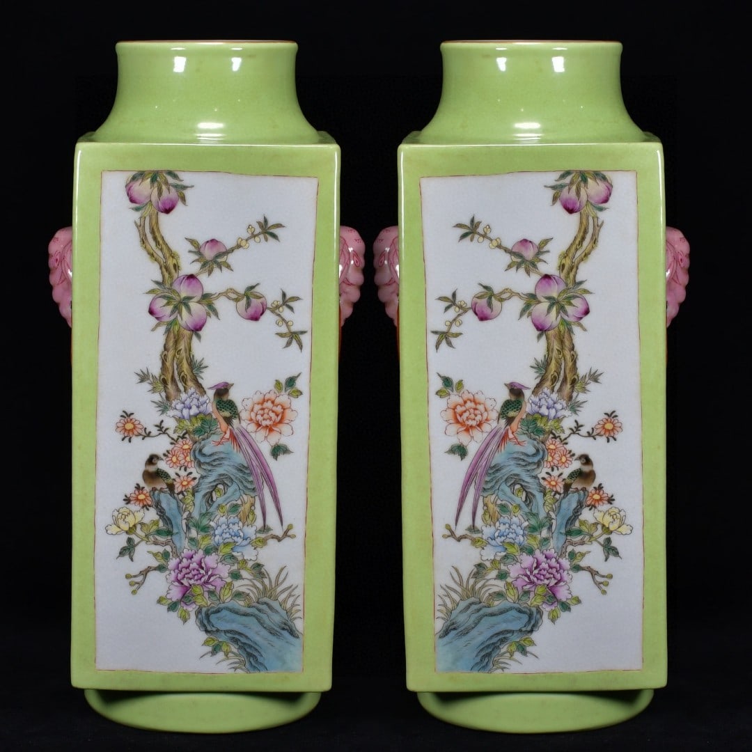 green-glazed, gilt-bronze, four-pane famille rose enameled vase with floral, bird, and fruit designs: A green-glazed, gilt-decorated, four-pane famille rose vase with floral, bird, and fruit designs in the style of the four seasons, made during the Qianlong reign of the Qing Dynasty. Height: 36cm, Dia