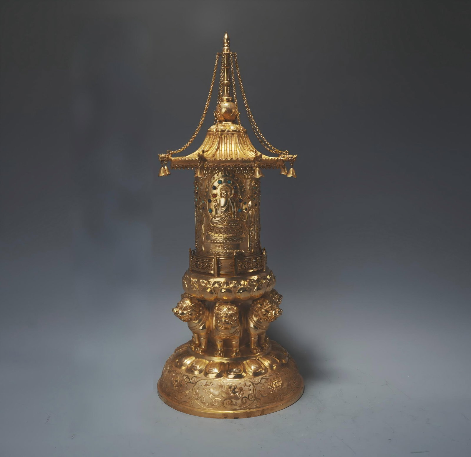 Fully gilded temporary engraved exquisite Buddha statue pagoda: A 60cm tall, finely crafted, temporarily engraved, gilded Buddhist pagoda. Thank you for viewing our auction and we look forward to serving you as a valued customer! Provenance:From an old private col