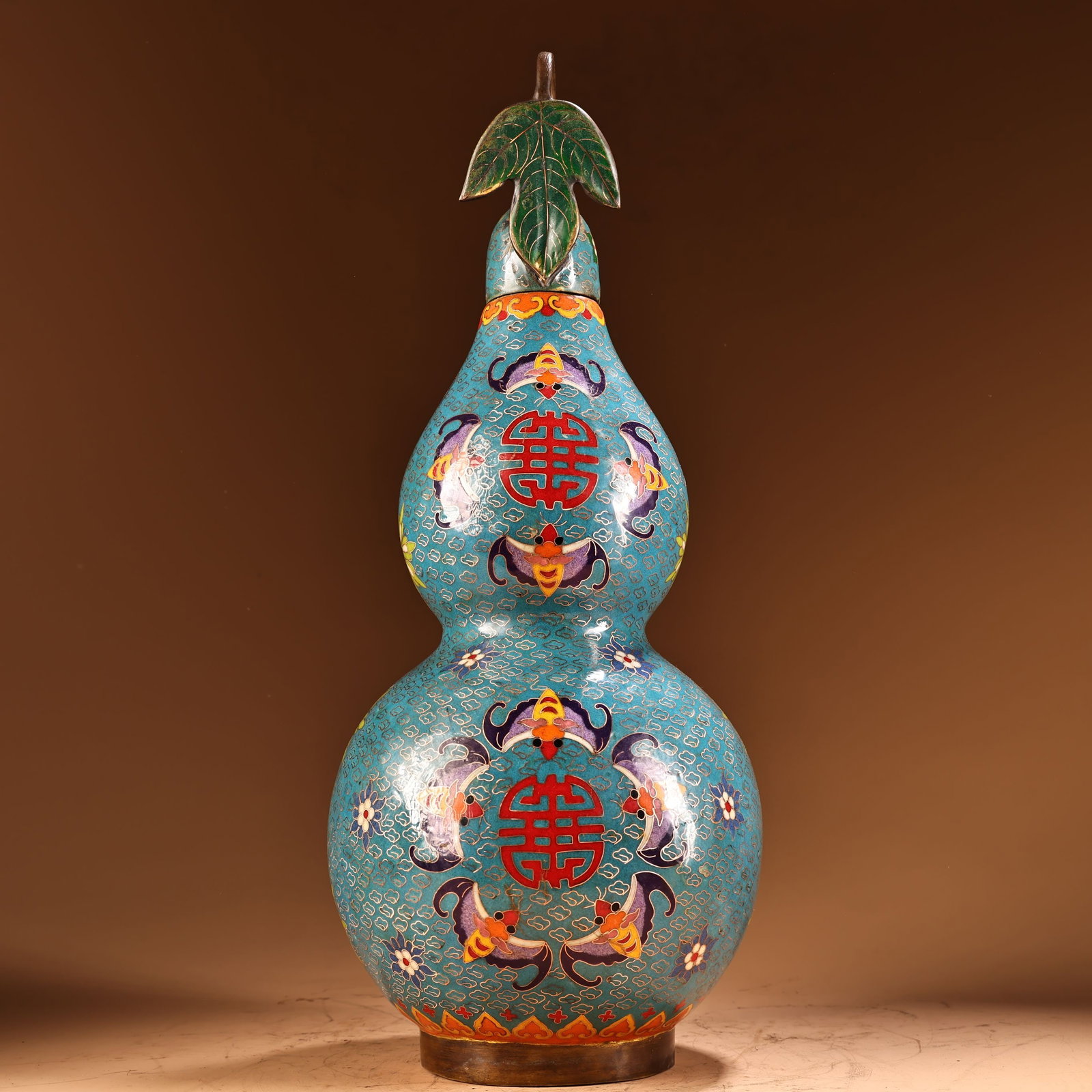 Rare antique collection: Pure copper, high-relief engraved cloisonne enamel gourd symbolizing (1 of 9)
