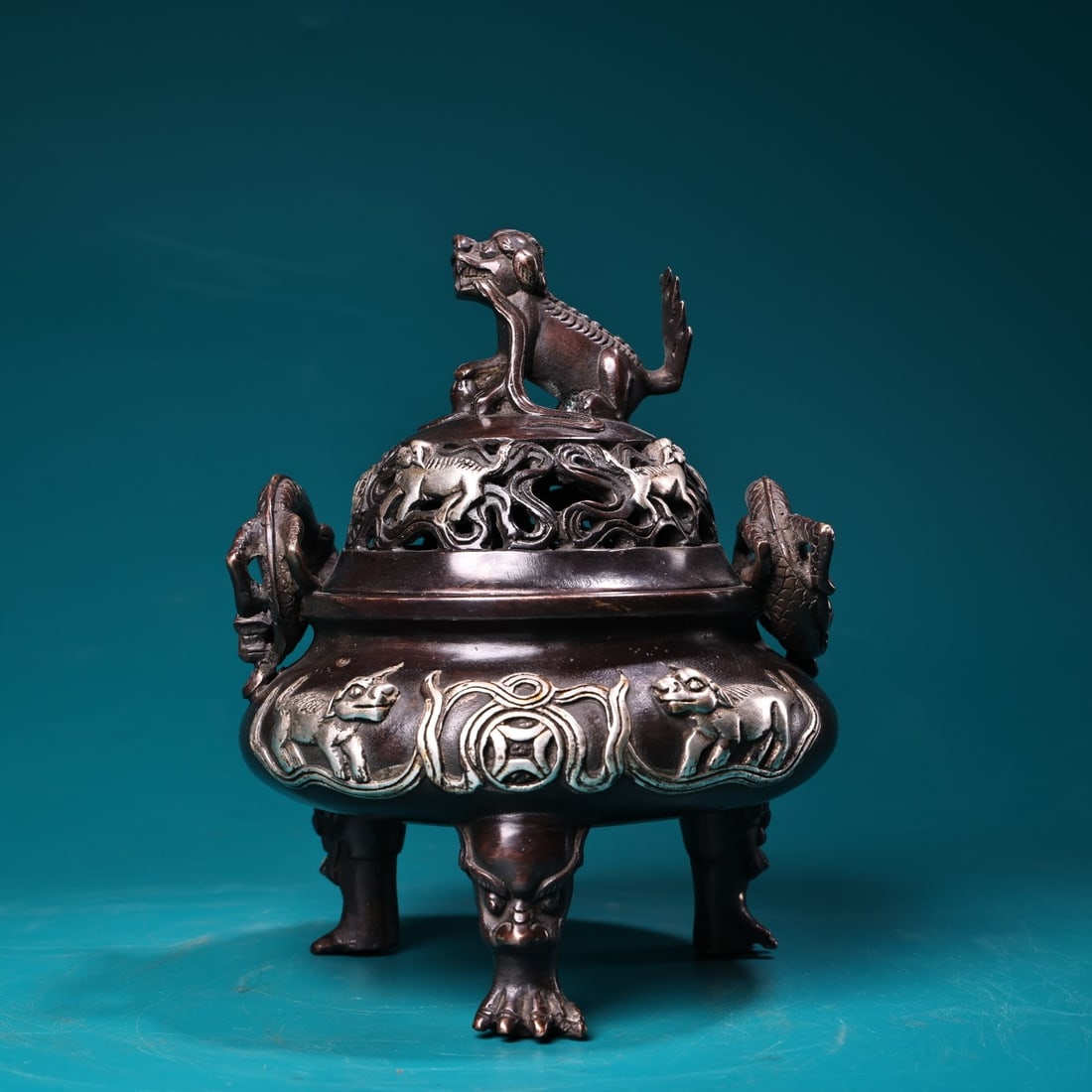 Pure copper high-relief engraved silver lion incense burner (1 of 9)