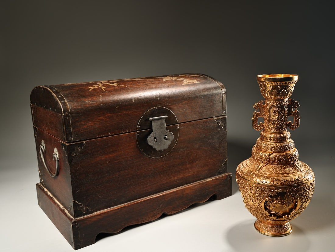Pure copper high-relief engraved gilt revolving vase with plum blossoms, orchids, bamboo and (1 of 9)
