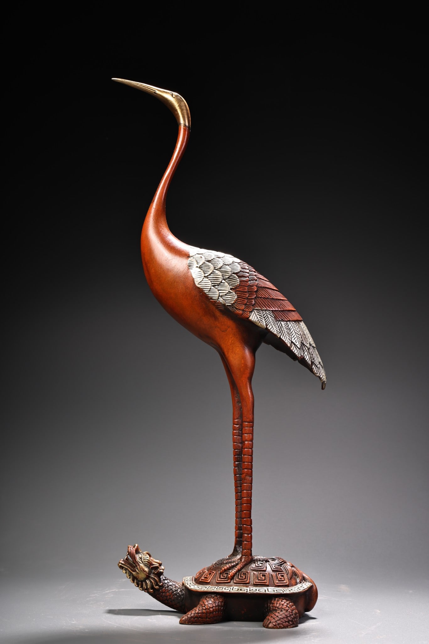 Rare antique collection: pure copper, high relief engraving, gilded and silvered tortoise and crane. (1 of 9)