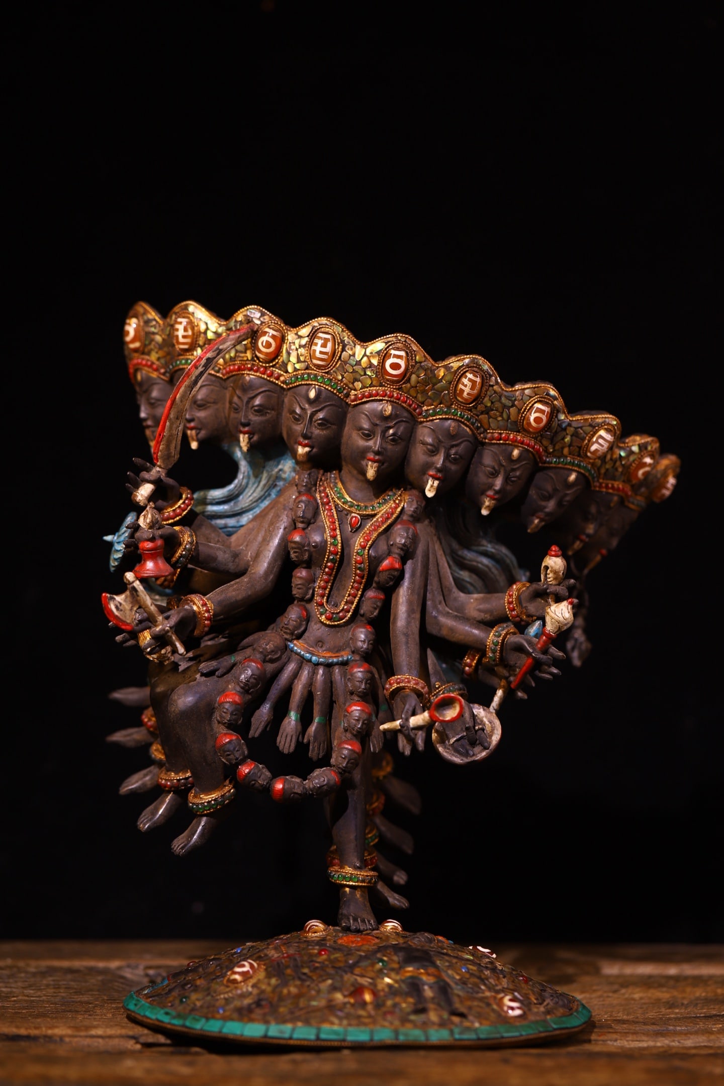 Rare antique collection: a bronze statue of Marici, hand-hammered and engraved.: This copper piece is entirely hand-hammered and engraved with the name Marici (meaning light or radiance). According to Tibetan Buddhism, Marici is a protector deity who grants invisibility and protec