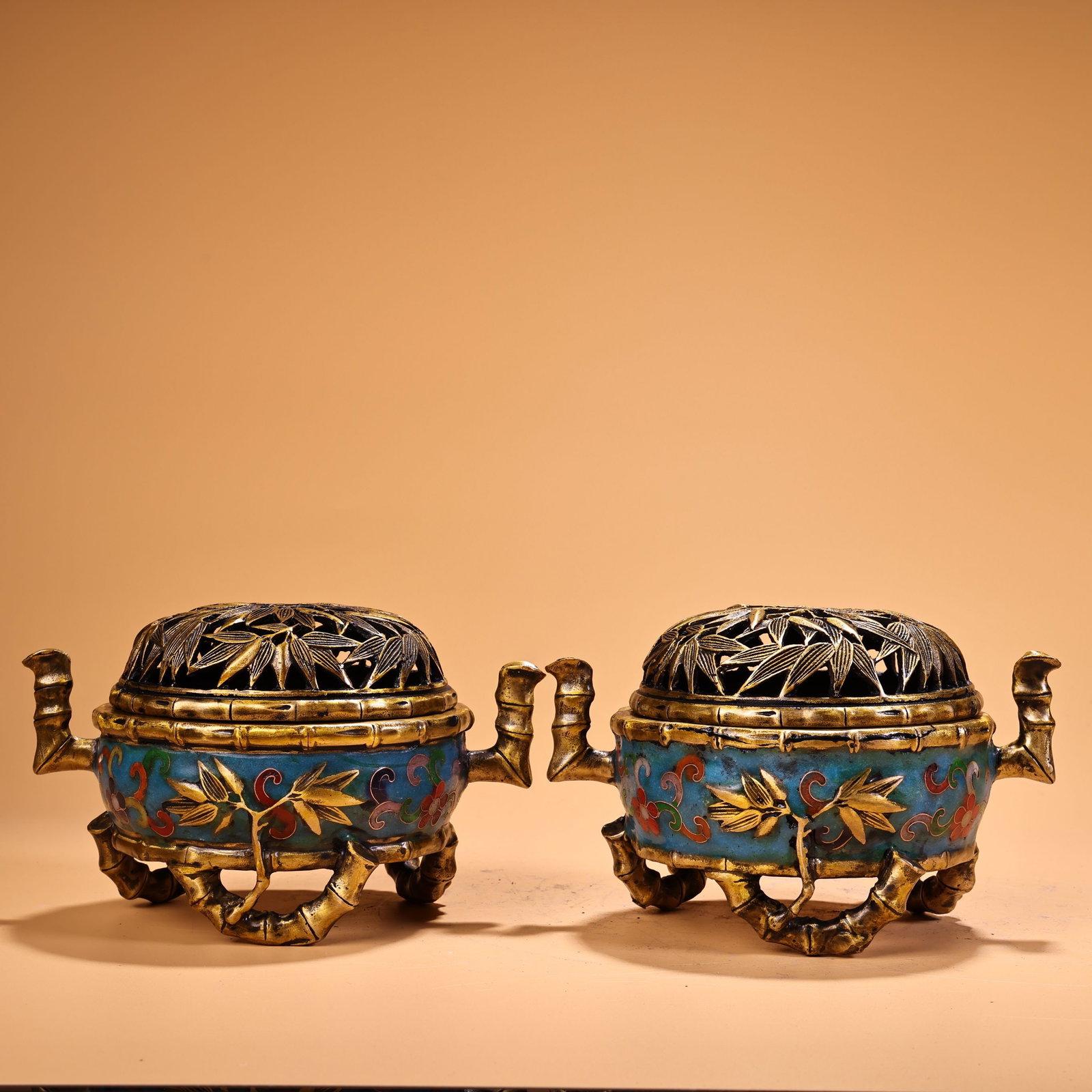 A pair of pure copper, high-relief, gilded cloisonne enamel bamboo-shaped incense burners (1 of 9)
