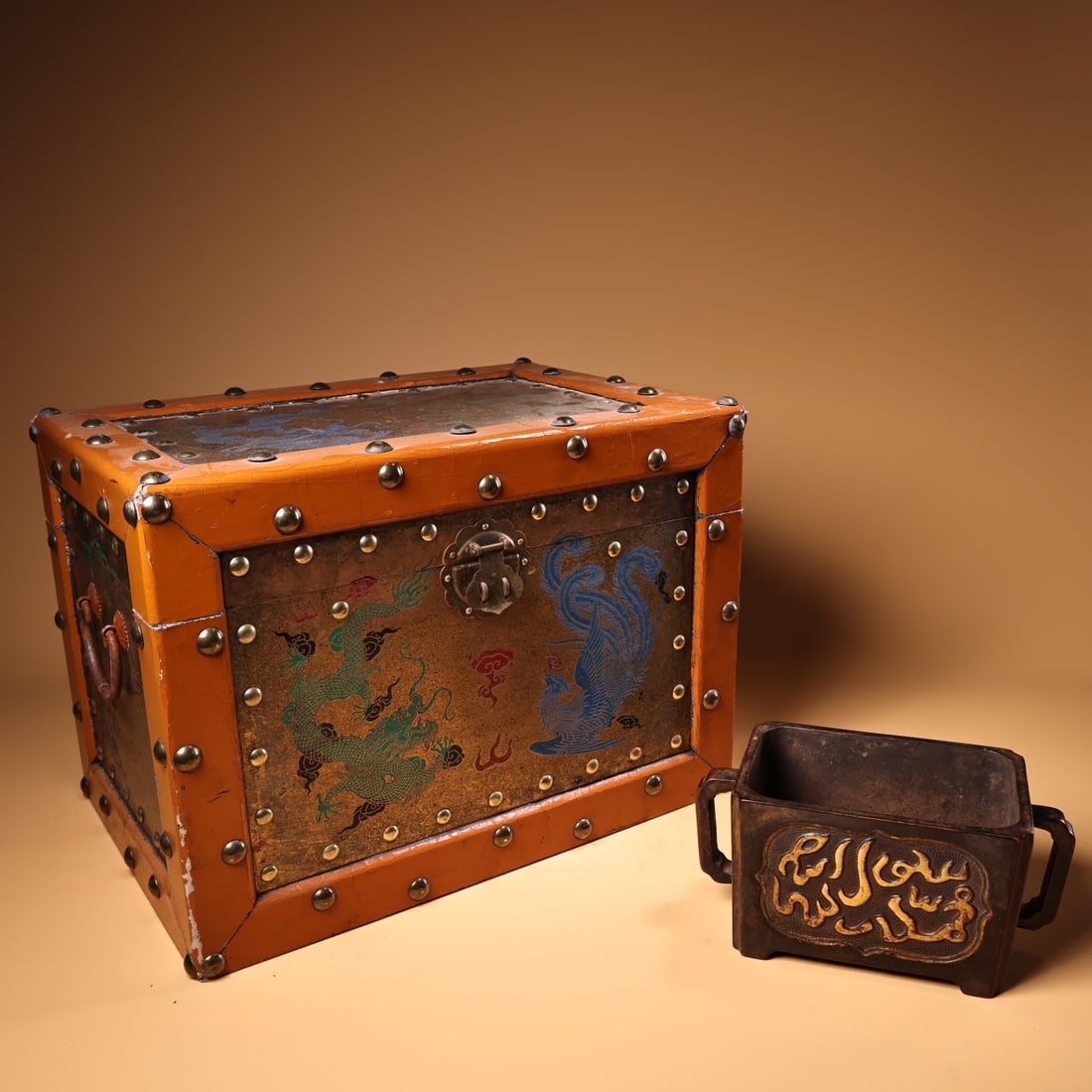 Rare antique collection: a pure bronze, handcrafted, high-relief, gilded palindrome incense burner (1 of 9)