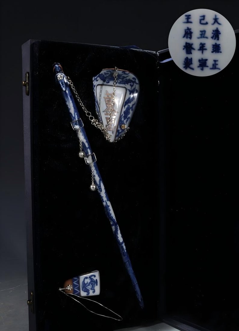 A set of blue and white porcelain inlaid with a silver dragon-shaped ruyi (a type of auspicious (1 of 9)