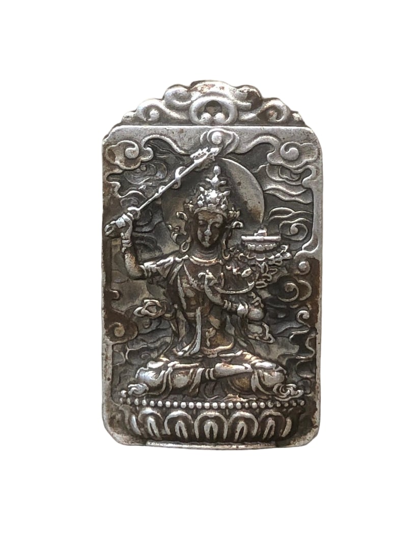 White bronze plaque with silver-plated high-relief Manjushri Bodhisattva image. (1 of 6)
